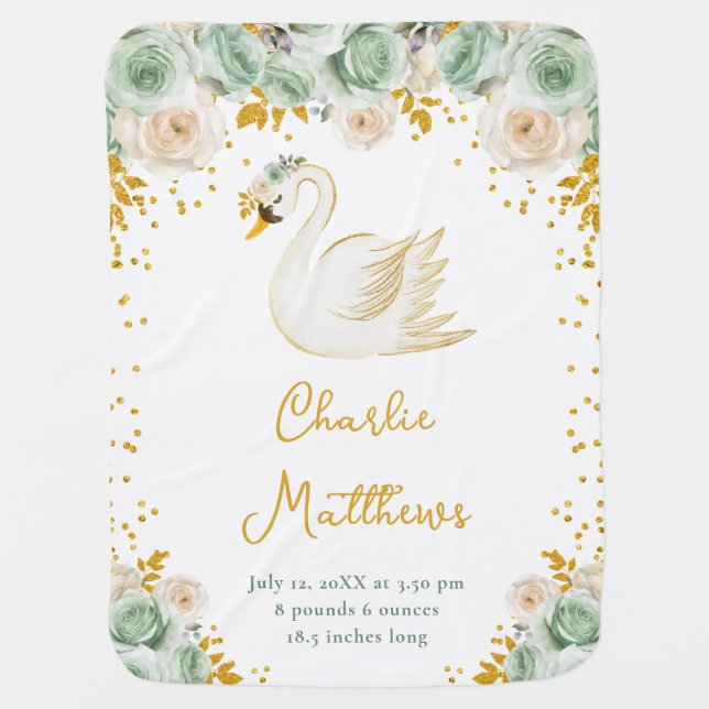 Swan Sage Green and Gold Roses Birth Statistics Baby Blanket (Front)