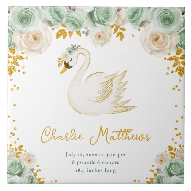 Swan Sage Green and Gold Roses Birth Statistics Ceramic Tile (Front)