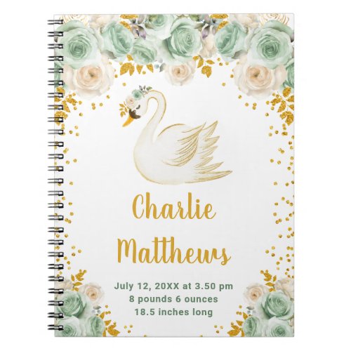 Swan Sage Green and Gold Roses Birth Statistics Notebook