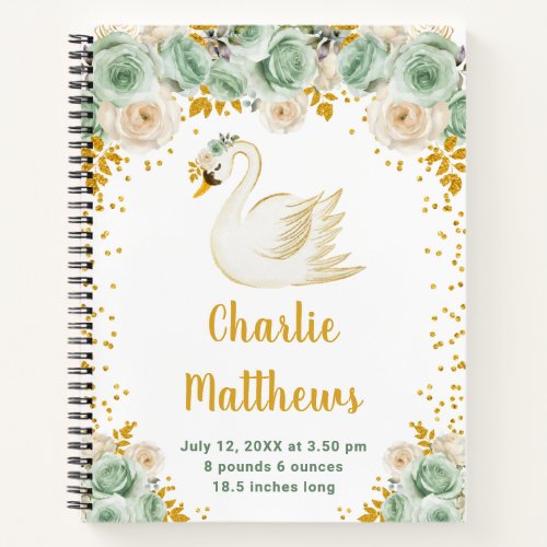 Swan Sage Green and Gold Roses Birth Statistics Notebook