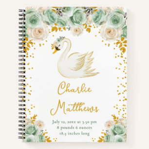 Swan Sage Green and Gold Roses Birth Statistics Notebook