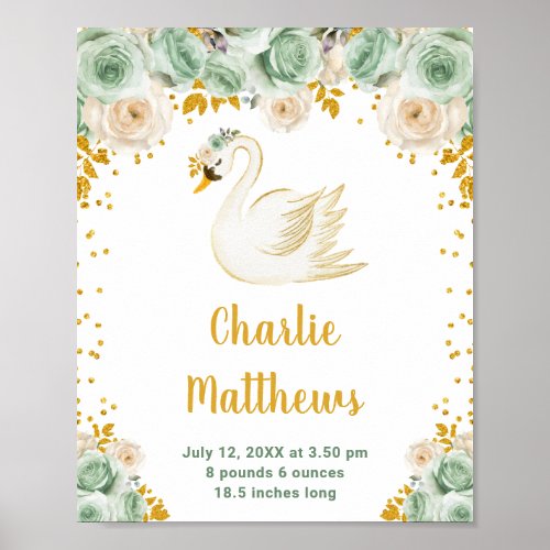 Swan Sage Green and Gold Roses Birth Statistics Poster