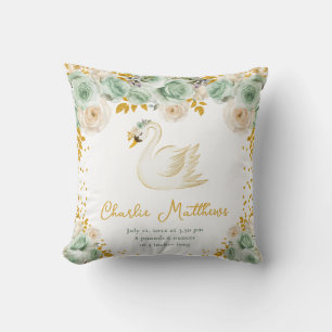 Swan Sage Green and Gold Roses Birth Statistics Throw Pillow