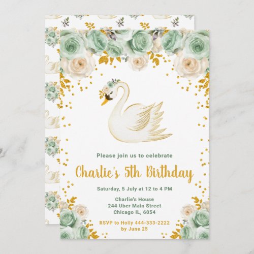 Swan Sage Green and Gold Roses Birthday Party Invitation