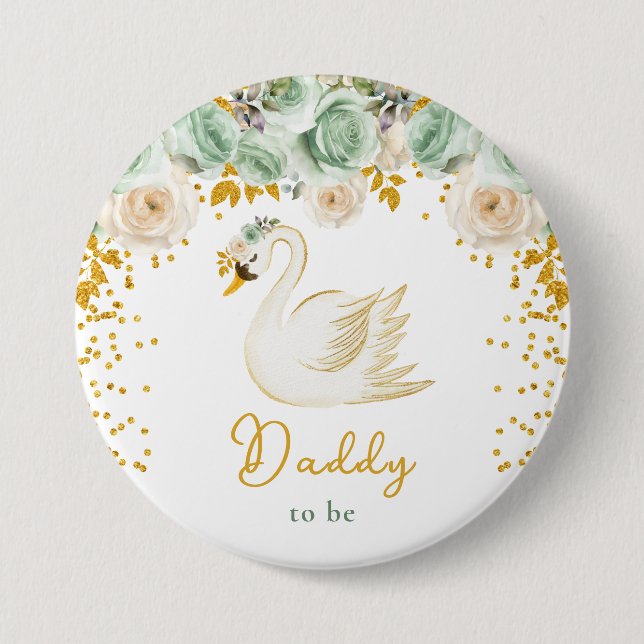 Swan Sage Green and Gold Roses Daddy To Be Button (Front)