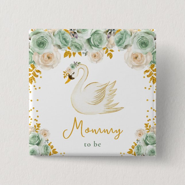 Swan Sage Green and Gold Roses Mommy To Be Button (Front)