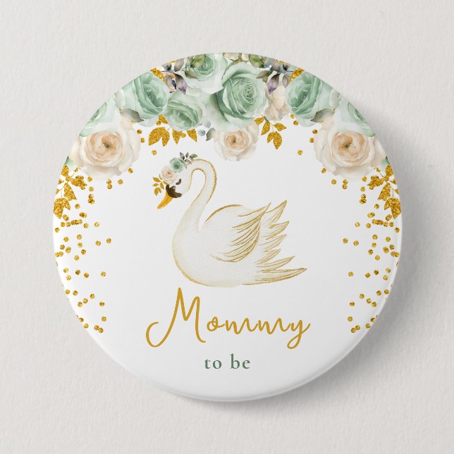 Swan Sage Green and Gold Roses Mommy To Be Button (Front)