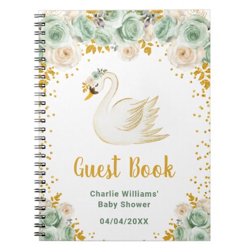 Swan Sage Green Gold Roses Baby Shower Guest Book