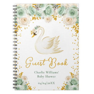 Swan Sage Green Gold Roses Baby Shower Guest Book