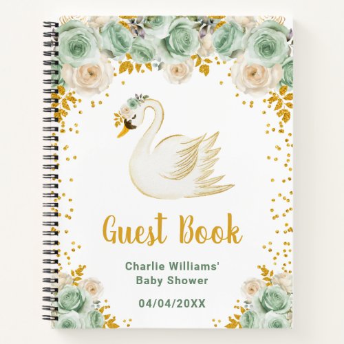 Swan Sage Green Gold Roses Baby Shower Guest Book