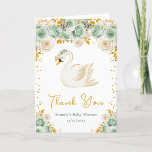 Swan Sage Green Gold Roses Baby Shower Thank You Card