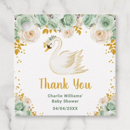 Swan Sage Green Gold Roses Baby Shower Thank You Favor Tags