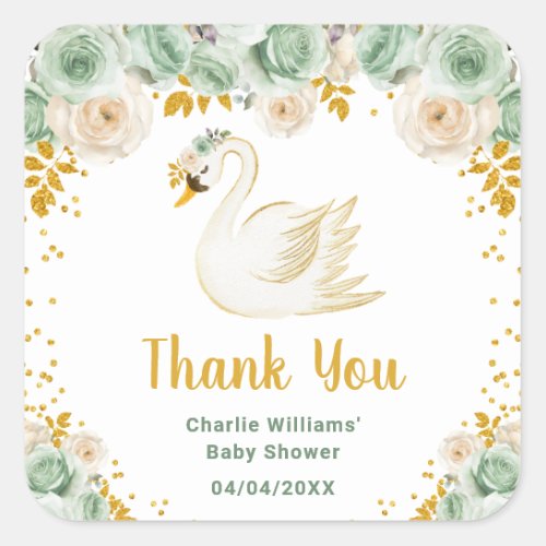 Swan Sage Green Gold Roses Baby Shower Thank You Square Sticker