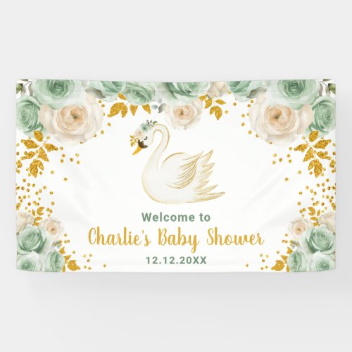 Swan Sage Green Gold Roses Baby Shower Welcome Banner