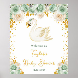 Swan Sage Green Gold Roses Baby Shower Welcome Poster