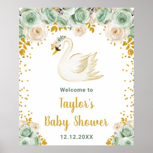 Swan Sage Green Gold Roses Baby Shower Welcome Poster