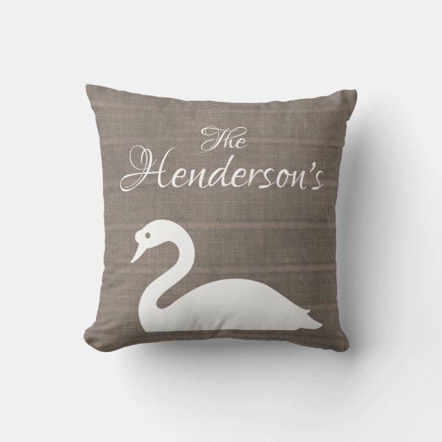 Swan Silhouette Faux Burlap | Monogram Throw Pillow (Front)
