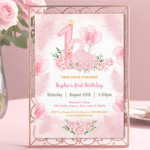 Swan Soft Floral Rose Pink White Girl 1st Birthday Invitation