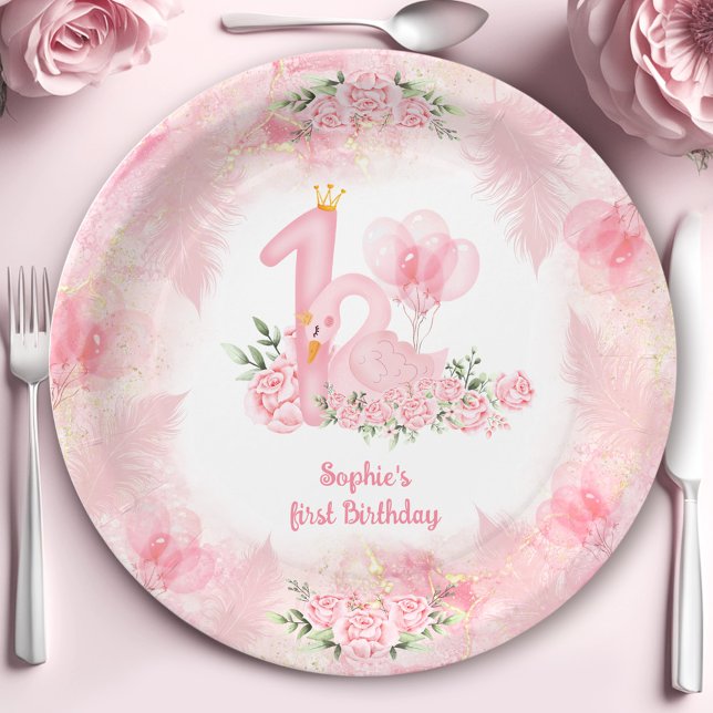Swan Soft Floral Rose Pink White Girl 1st Birthday Paper Plates (Swan Soft Floral Rose Pink White Girl 1st Birthday Paper Plates)