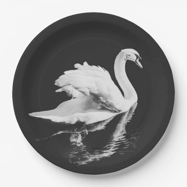 Swan Swimming Black and White Paper Plates (Front)
