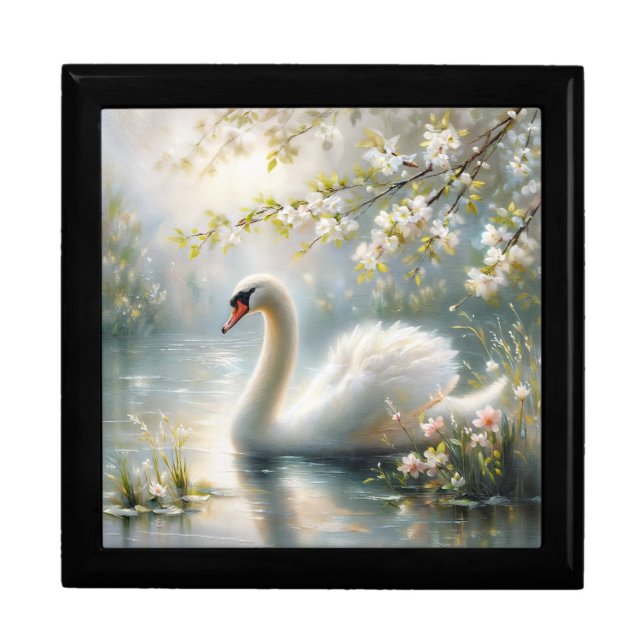 Swan Swimming on Lake Floral Art Gift Box (Front)