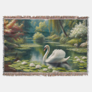 Swan Swimming on the Pond Impressionist Painting Throw Blanket
