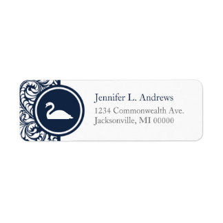 Swan Theme Navy Damask Return Address Labels