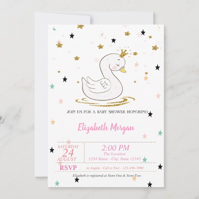 Swan,Tiara, Stars, Princess  Baby Shower Invitation (Front)