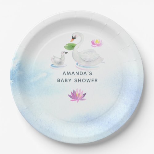 Swan Watercolor Baby Shower Paper Plates