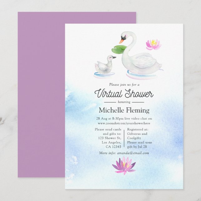 Swan Watercolor Virtual Baby Shower Invitation (Front/Back)