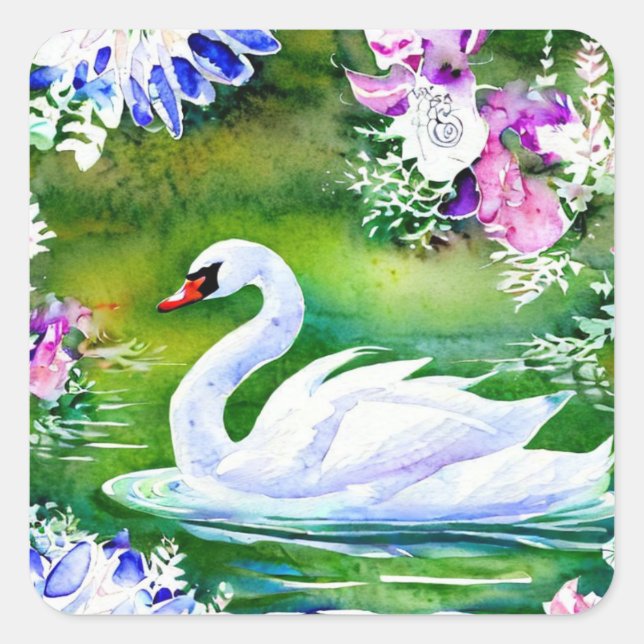 Swan watercolour square sticker (Front)