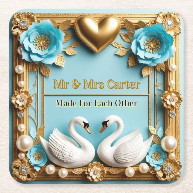 Swan Wedding Frame For Luxury Wedding Decor ✨ Square Paper Coaster (Front)