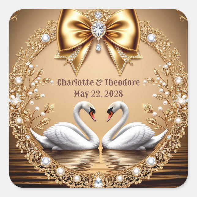💎 Swan Wedding Gold Romantic Theme 🦢 Square Sticker (Front)