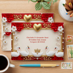 💎 Swan Wedding Pearls And Red Gold Frame 💖 Envelope