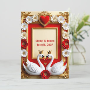 💎 Swan Wedding Pearls And Red Gold Frame 💖 Invitation