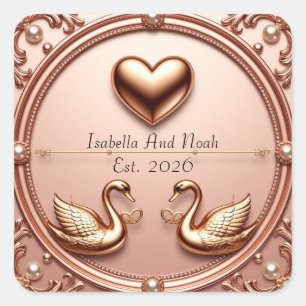Swan Wedding Rings Floral Rose Gold Square Sticker