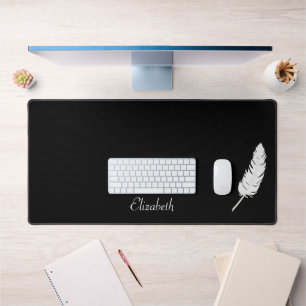 Swan White Feather & Script Calligraphy on Black Desk Mat