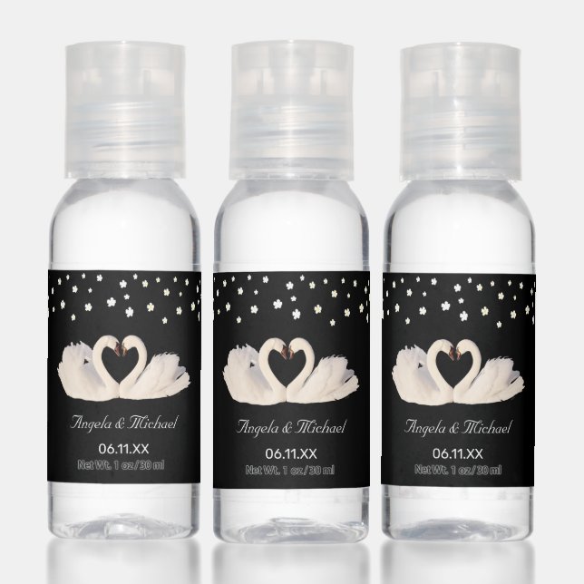 Swan & White Flowers on Black Wedding Favor Hand Sanitizer (Set)