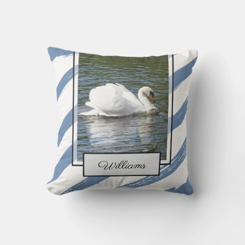 Swan with Blue Stripes Throw Pillow