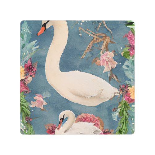 Swan with Wreath Graphic Metal Print
