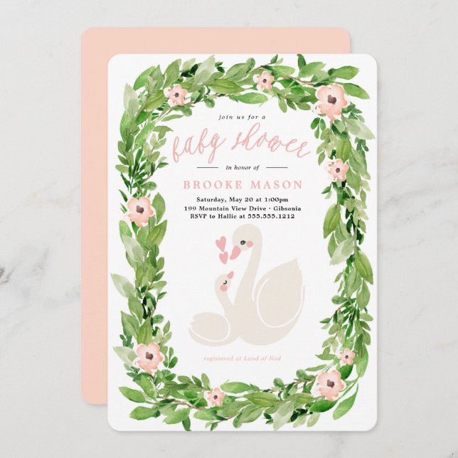 Swan Wreath Spring Baby Shower Invitation (Front/Back)