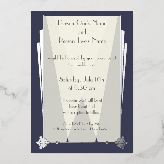 Swanky Art Deco in Blue Foil Invitation (Front)