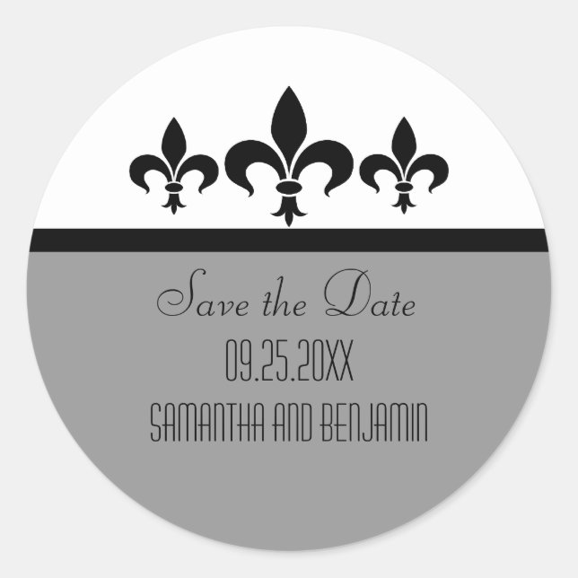 Swanky Fleur De Lis Save the Date Stickers (Front)