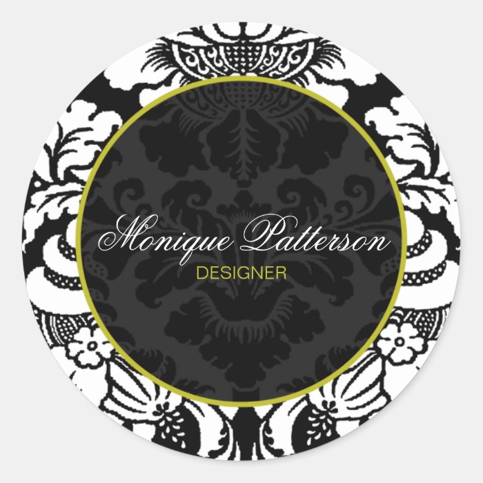 Swanky Sage Black Damask Chic Round Sticker