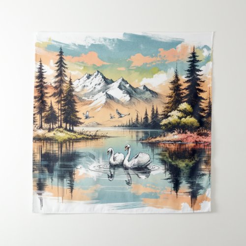 Swans Amidst the Mountains Alpine Serenity Tapestry