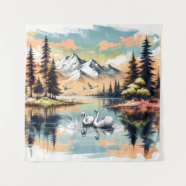 Swans Amidst the Mountains: Alpine Serenity Tapestry (Front)