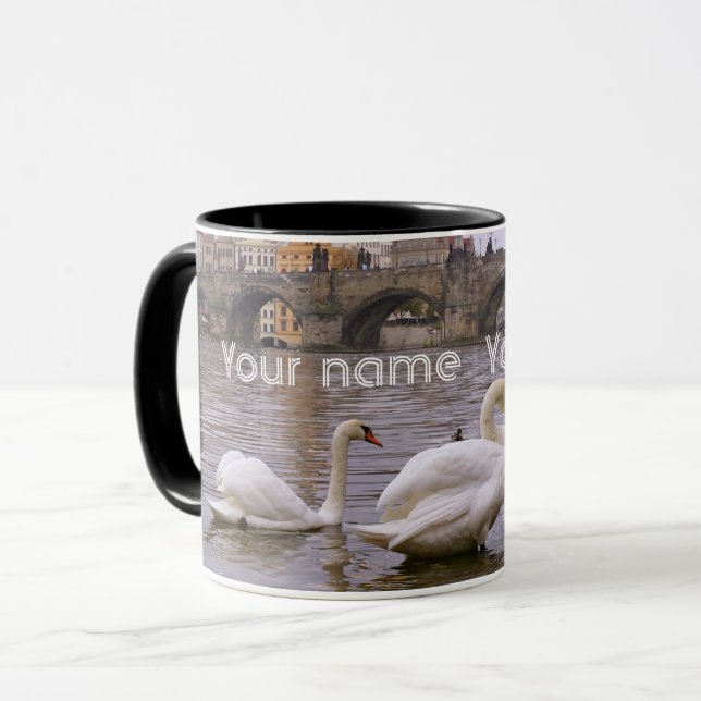 Swans and Charles bridge in Prague Mug (Front Left)