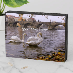 Swans and Charles bridge in Prague Wooden Box Sign