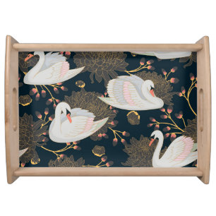 Swans and chrysanthemums, natural pattern. serving tray