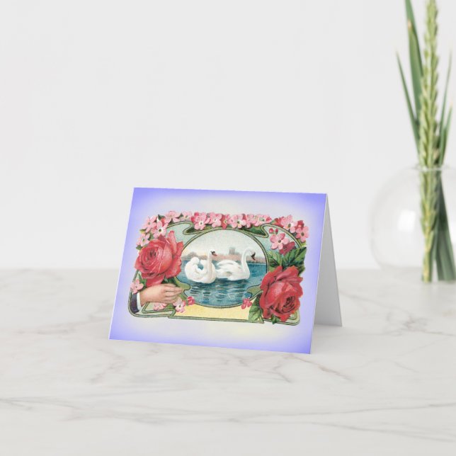 Swans and Roses Vintage Blank Art Card (Front)